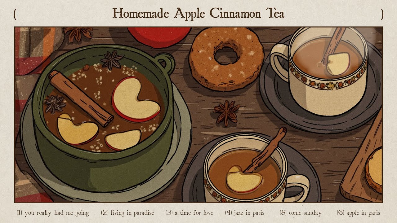 homemade apple cinnamon tea for happy autumn with donuts and baked potatoes