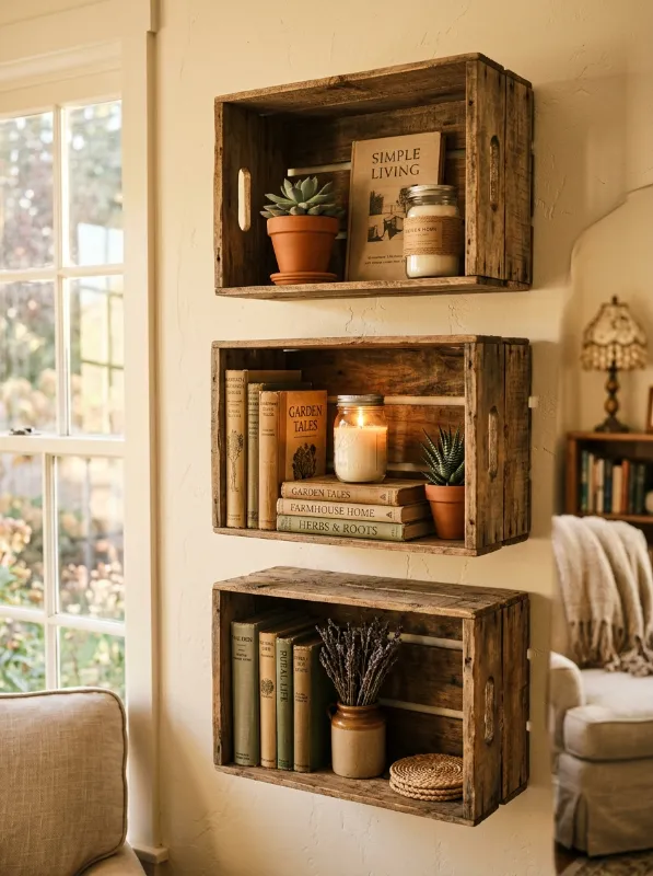 Rustic Wooden Crate Shelves