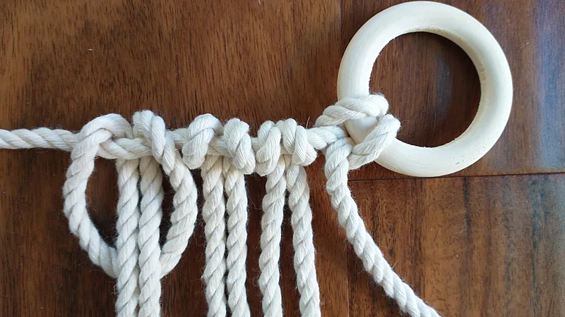 Cotton rope cords attached with lark's head knots to a rope line beside a wooden ring
