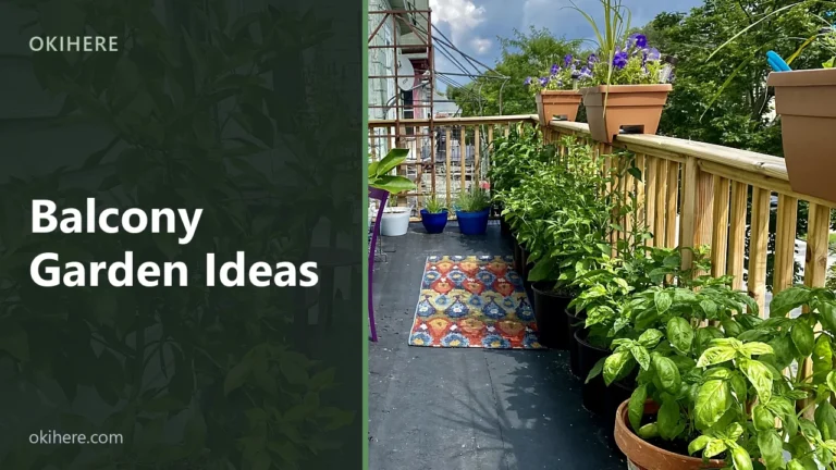 Narrow apartment balcony lined with potted herbs and flowers beside a small table, with the title Balcony Garden Ideas overlaid
