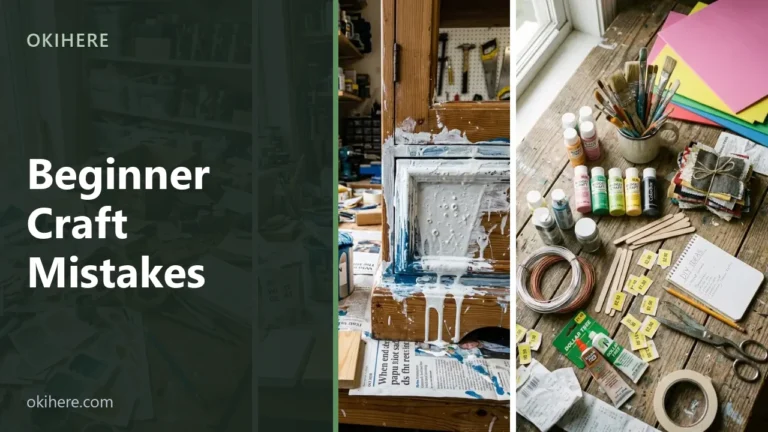A paint-covered frame on a cluttered workbench beside craft supplies with price tags, with the title Beginner Craft Mistakes overlaid