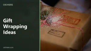 Kraft paper parcels tied with red and white twine and fir sprigs, with the title Gift Wrapping Ideas overlaid