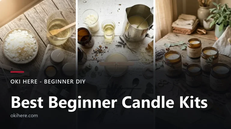 Candle making supplies on a wooden table under the title text Best Beginner Candle Kits