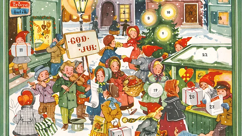 Vintage illustrated advent calendar showing a snowy street scene with numbered doors from 1 to 24