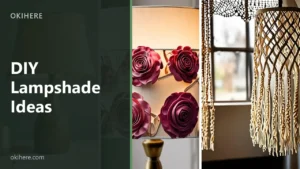 Three decorated lampshades in burlap, ribbon rosettes and macrame fringe, with the title DIY Lampshade Ideas overlaid