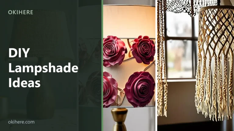 Three decorated lampshades in burlap, ribbon rosettes and macrame fringe, with the title DIY Lampshade Ideas overlaid