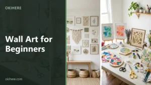 A gallery wall of handmade pieces beside a craft table of painted canvases, with the title Wall Art for Beginners overlaid