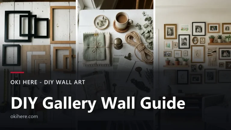 Empty picture frames, hanging supplies and a finished gallery wall under the title text DIY Gallery Wall Guide