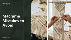 Hands knotting a cream macrame wall hanging beside a printed knot reference sheet, with the title Macrame Mistakes to Avoid overlaid