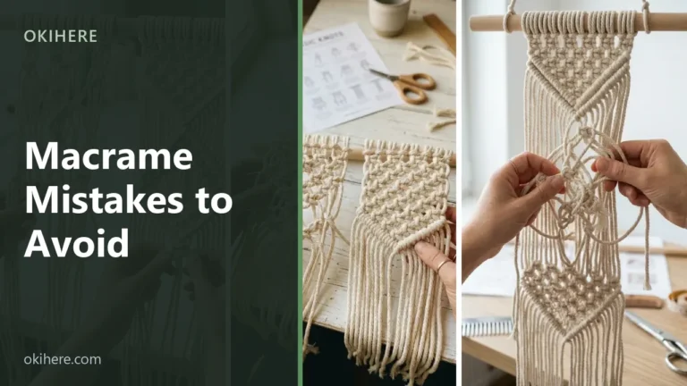 Hands knotting a cream macrame wall hanging beside a printed knot reference sheet, with the title Macrame Mistakes to Avoid overlaid