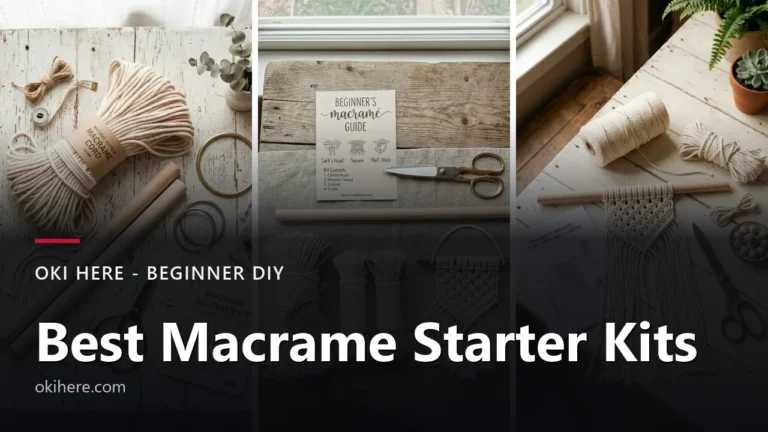 Macrame cord, dowel and a finished wall hanging under the title text Best Macrame Beginner Kits
