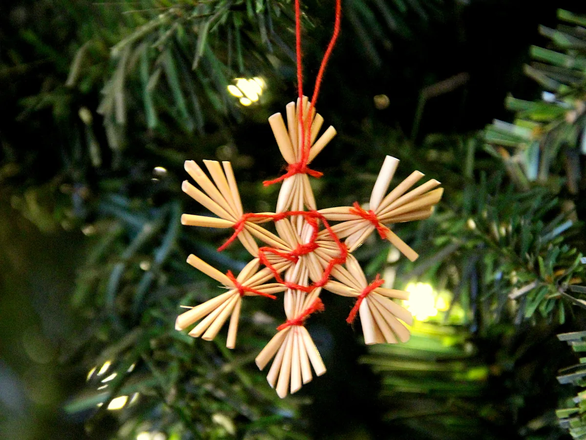 Six-pointed straw snowflake ornament bound at every joint with red thread, hanging from a tree branch