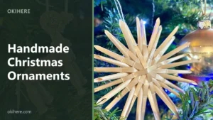 Woven straw star ornament on a Christmas tree beside a gold glass bauble, with the title Handmade Christmas Ornaments overlaid