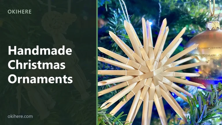 Woven straw star ornament on a Christmas tree beside a gold glass bauble, with the title Handmade Christmas Ornaments overlaid