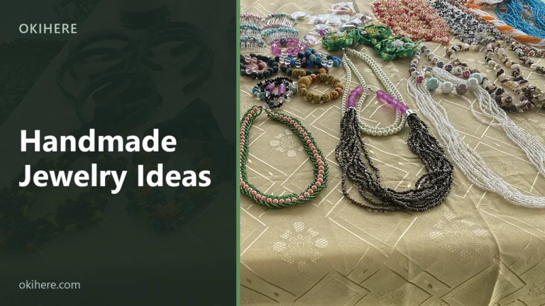 Handmade beaded necklaces, bracelets and headbands laid out on a gold cloth, with the title Handmade Jewelry Ideas overlaid