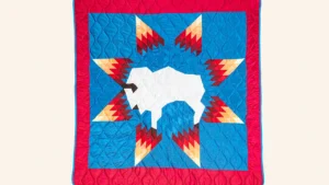 Quilted wall hanging with an eight point star in red and cream on a blue field, a white appliqued bison at its centre and a red quilted border