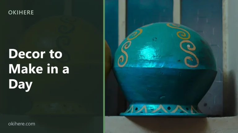 Hand-painted terracotta pots in teal and yellow on a windowsill, with the title Decor to Make in a Day overlaid