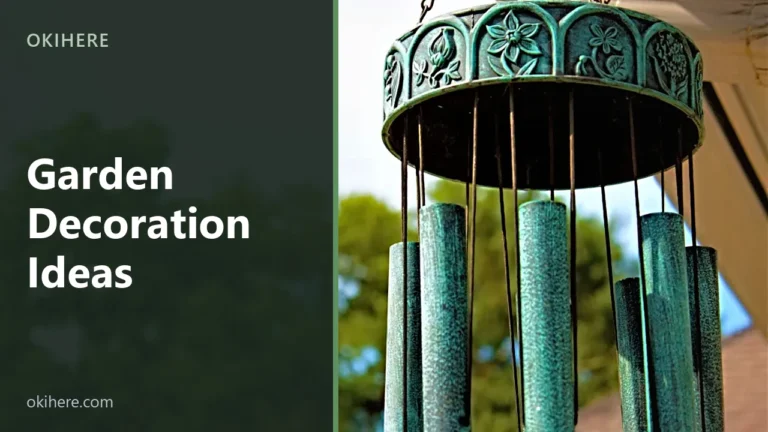 Verdigris metal wind chime hanging outdoors against green trees, with the title Garden Decoration Ideas overlaid