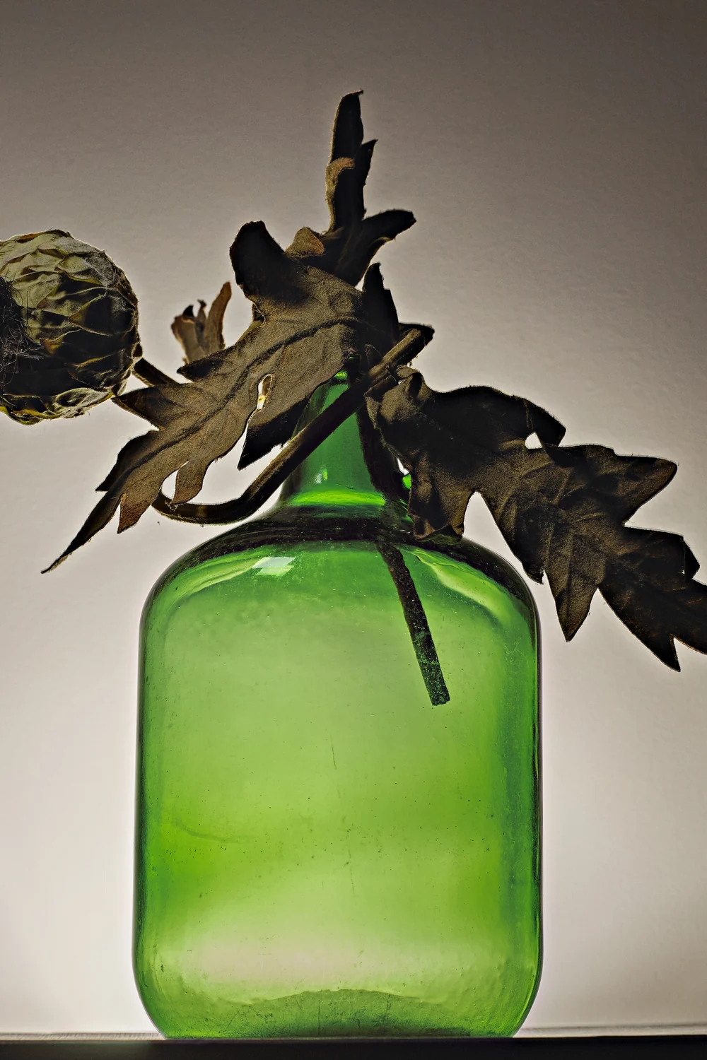 Green glass bottle holding a single dried thistle stem