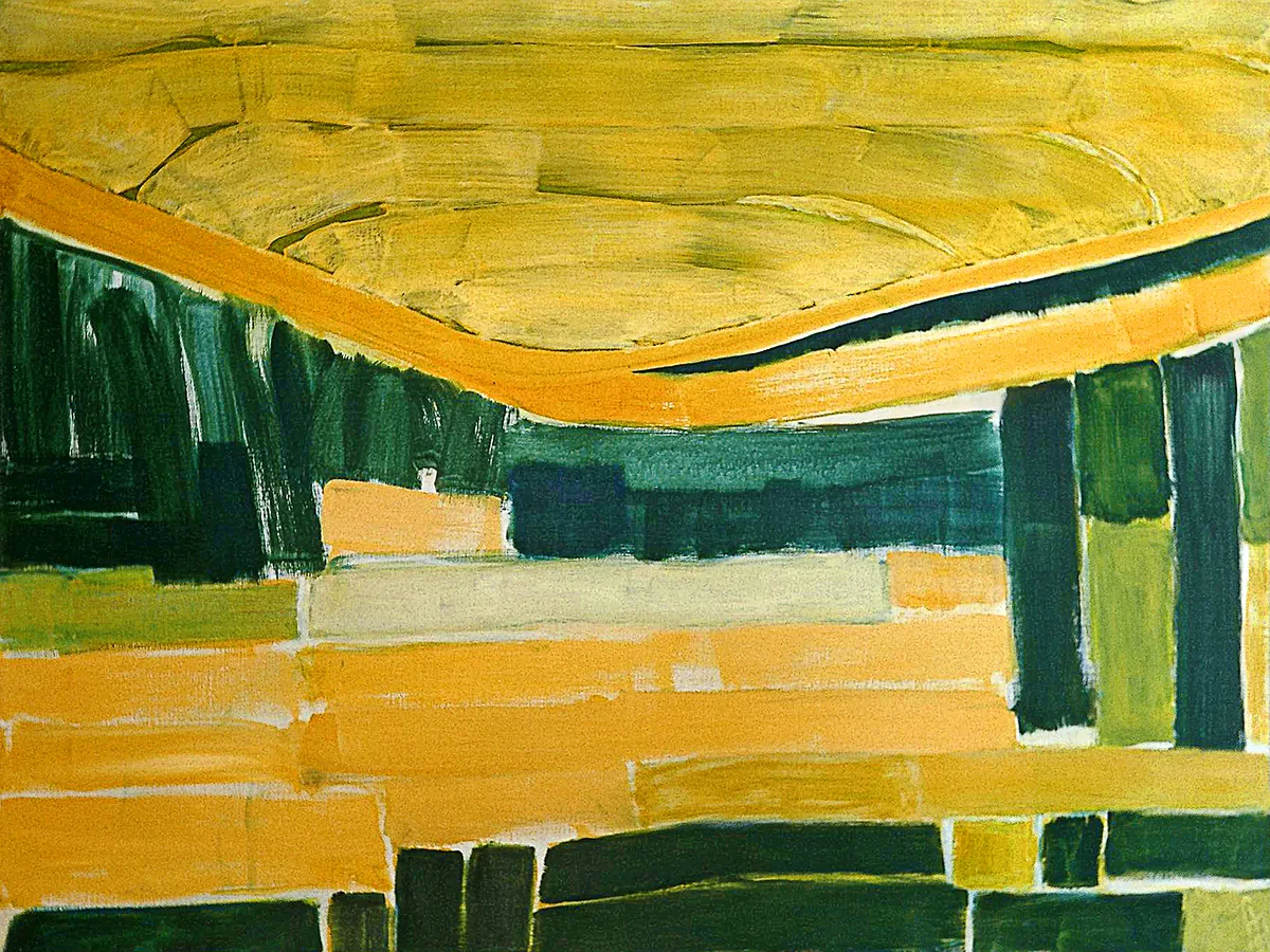 Abstract acrylic painting on canvas in warm yellows and blues