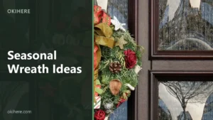 Evergreen door wreath with dried orange, pinecone, ribbon and stars on a dark wooden door, with the title Seasonal Wreath Ideas overlaid